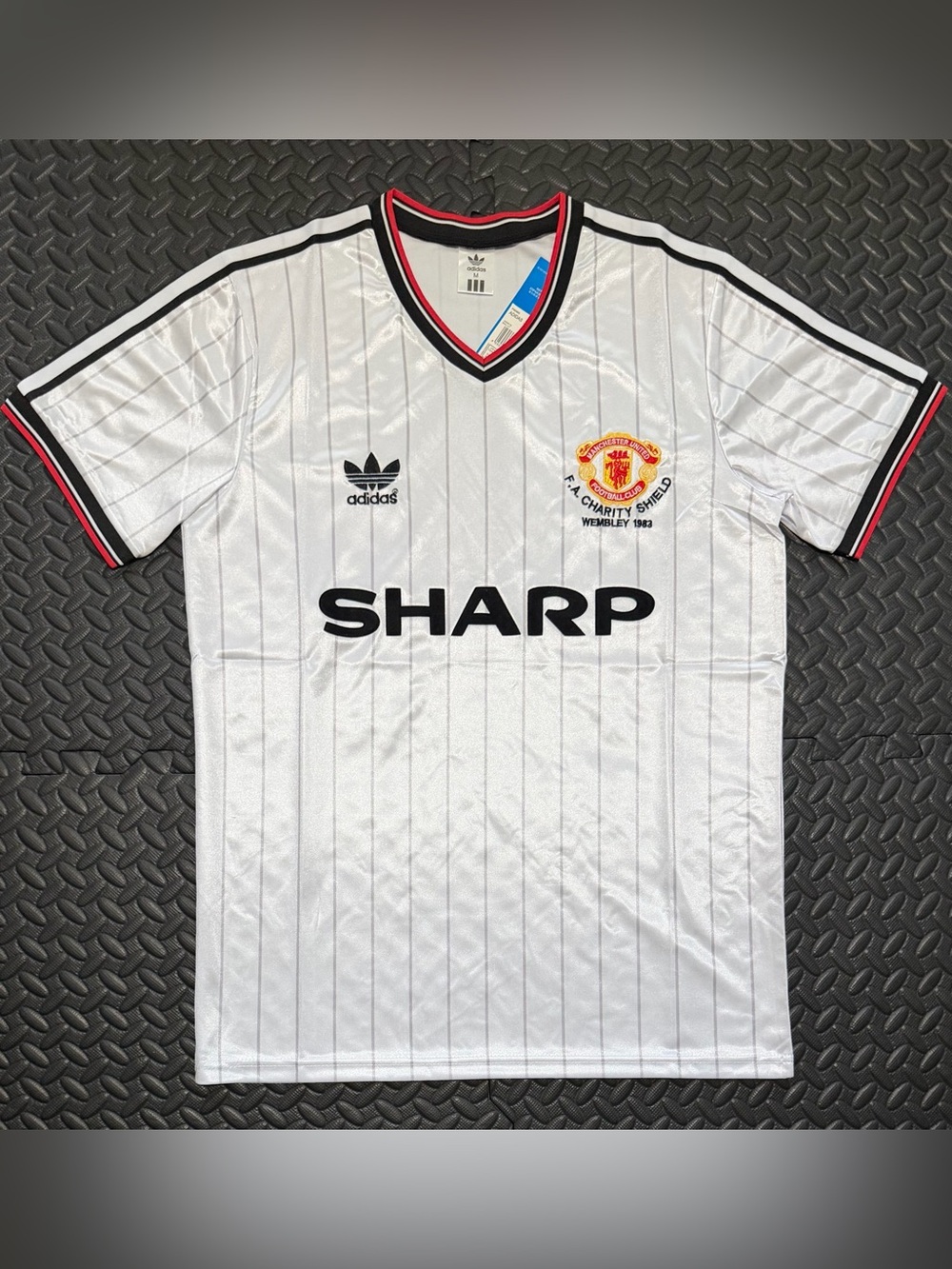 adidas White Manchester United Retro Pinstripe Football Jersey